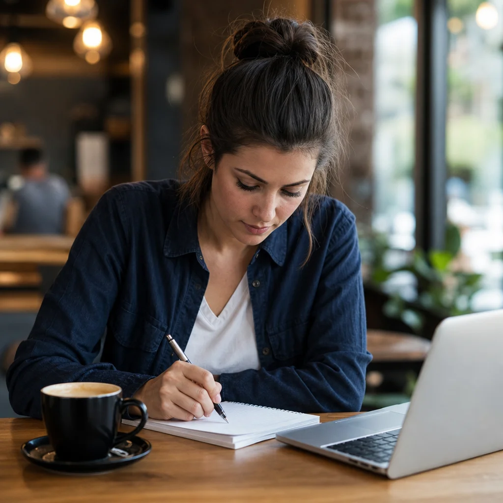 Professional content marketer writing and editing landing page copy at a modern workspace