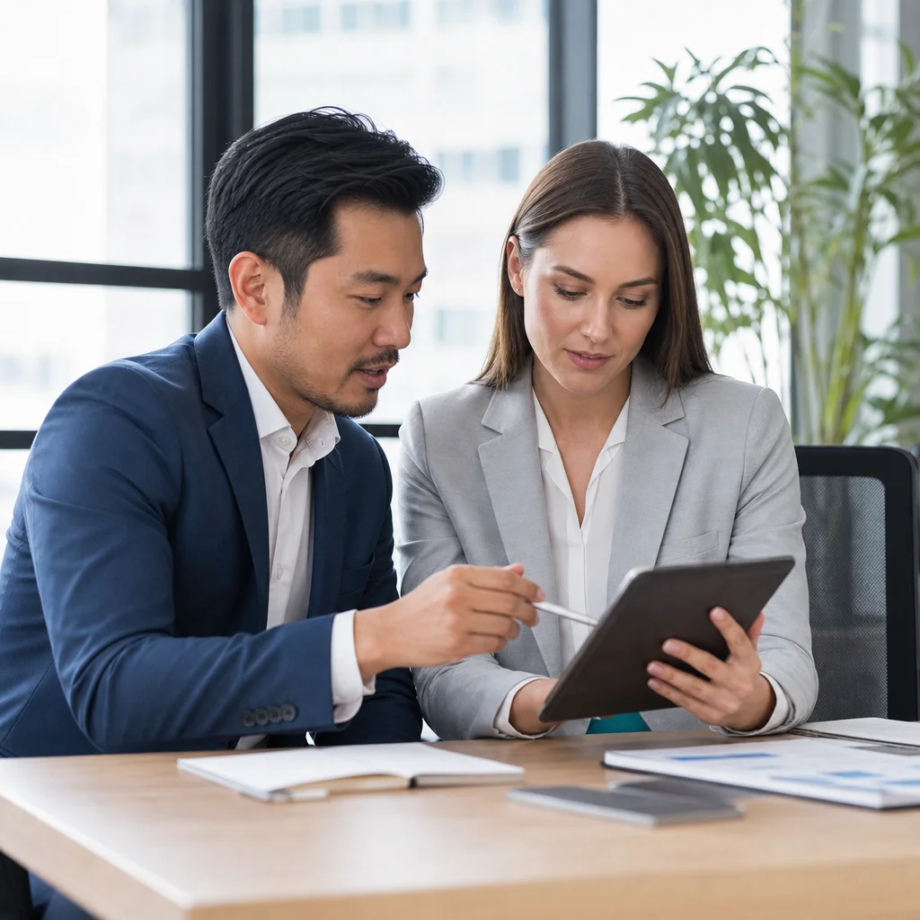 Marketing team collaborating on AI humanized landing page content strategy in a bright office