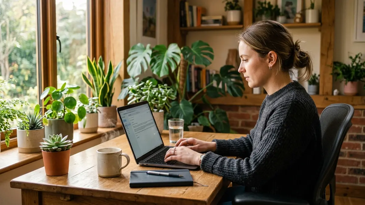 Email marketer writing and humanizing newsletter content on laptop in sunlit home office with coffee