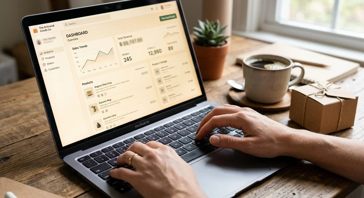 E-commerce seller reviewing product listings on a laptop while product samples are arranged on a wooden desk in a bright home office