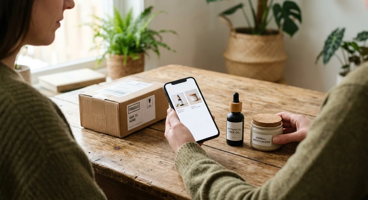 Shopper holding a smartphone while comparing two product packages on a wooden table near a laptop showing an online store