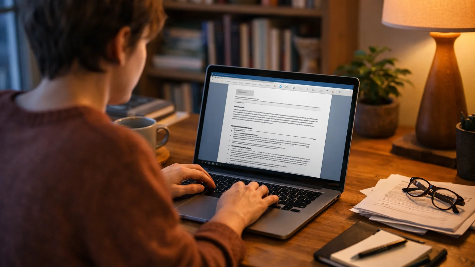 Job seeker working on a resume on a laptop in a home office with natural evening light and bookshelf background