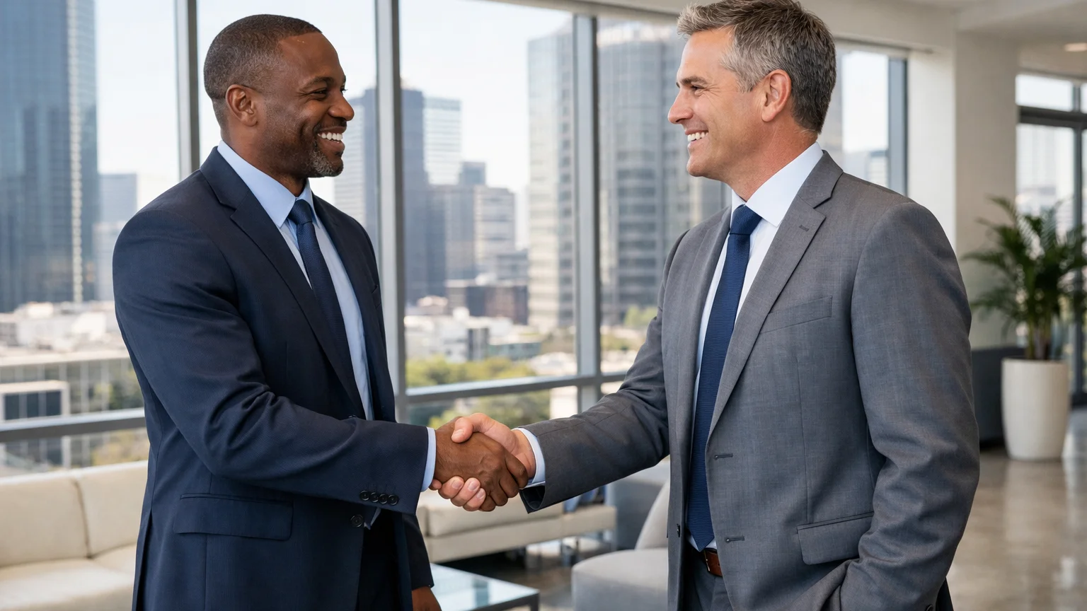 Two professionals shaking hands in a bright modern office lobby with city view, business attire, friendly atmosphere